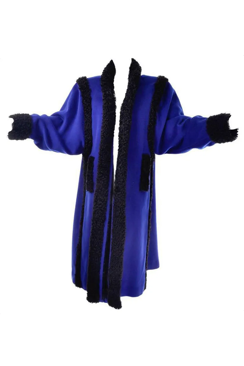 1980s Yves Saint Laurent YSL Blue Wool Vintage Coat with Curly Lambswool Size 38