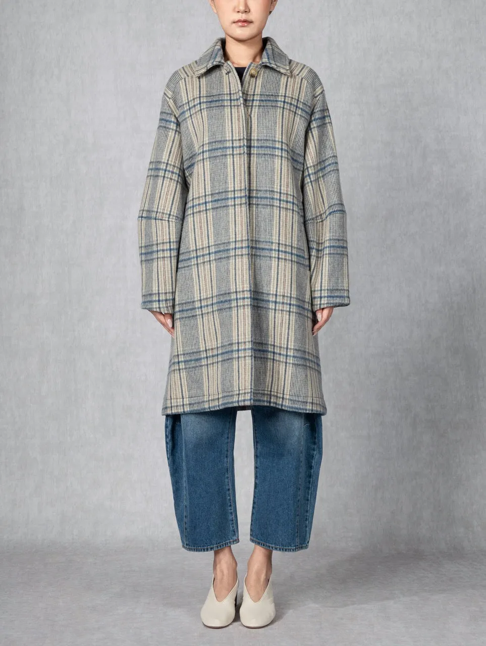 Balloon Woollen Coat Khaki Blue Checks