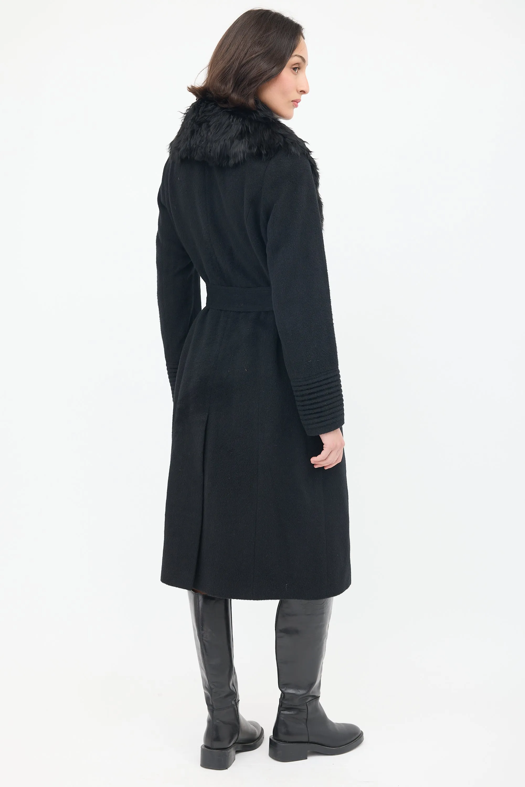 Black Wool Fur Collar Belted Coat