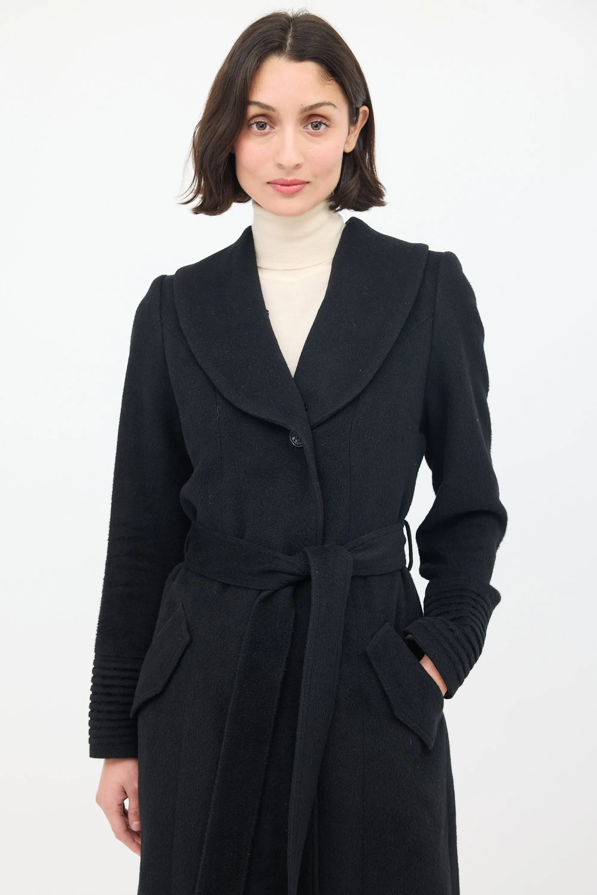 Black Wool Fur Collar Belted Coat