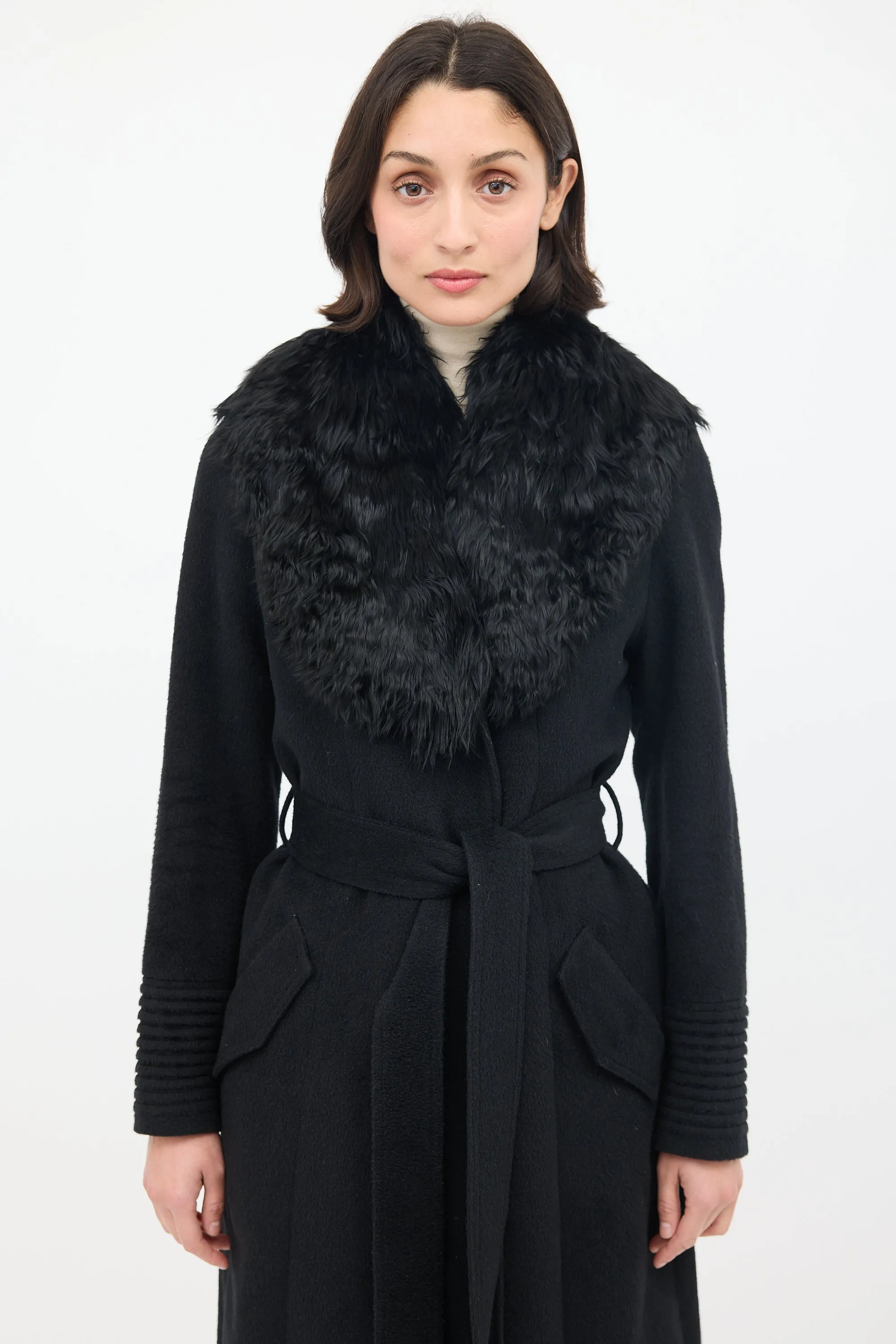 Black Wool Fur Collar Belted Coat