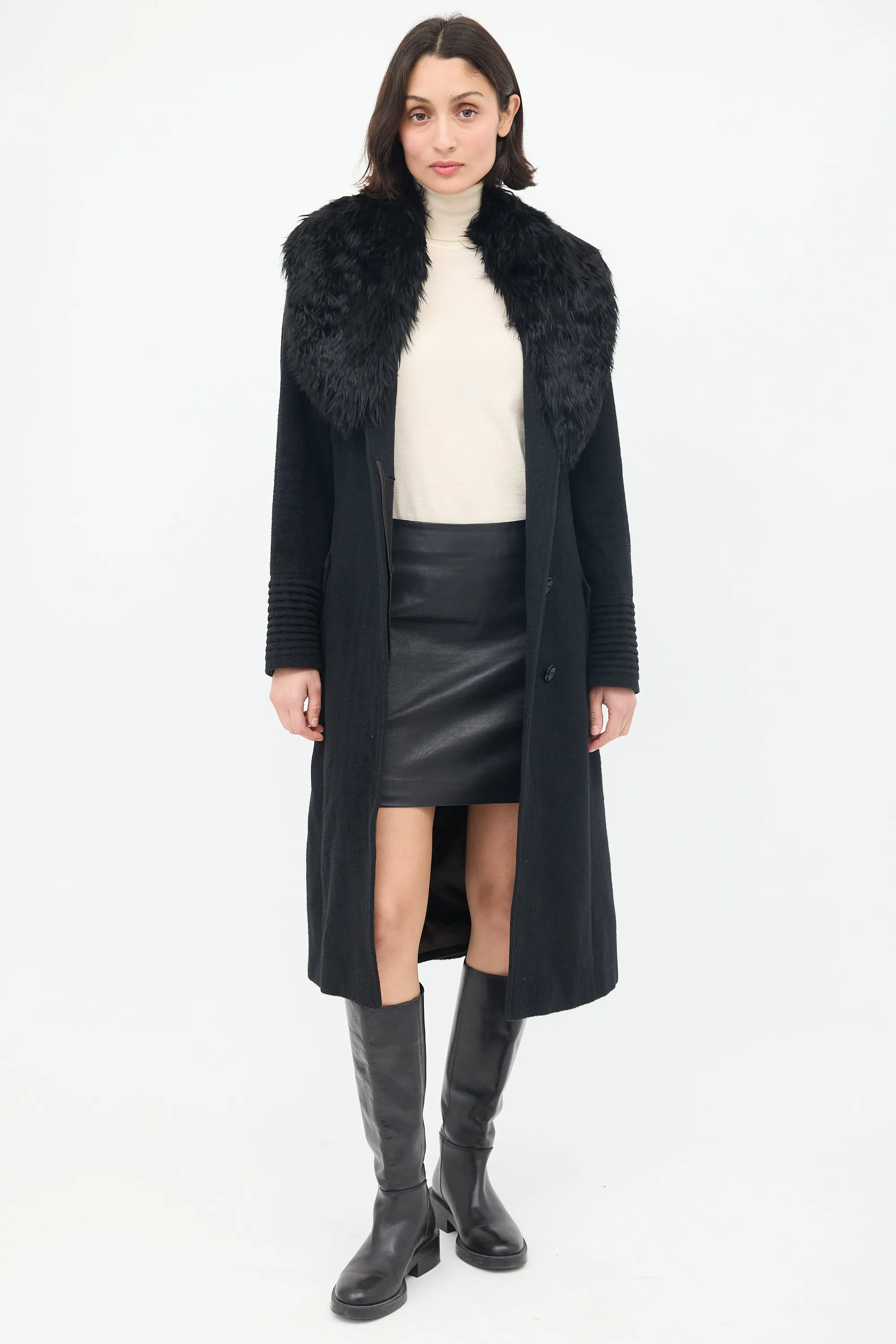 Black Wool Fur Collar Belted Coat