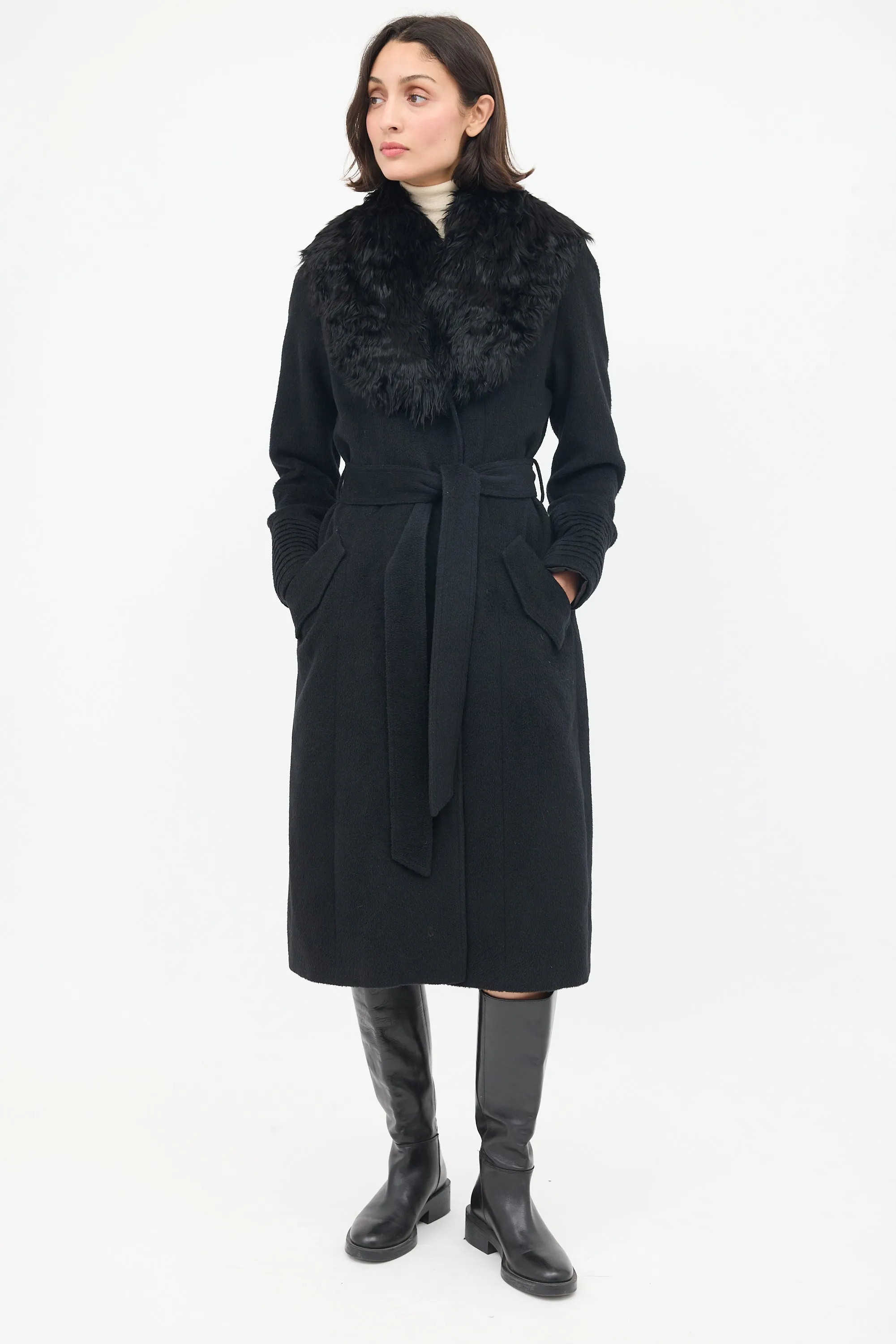 Black Wool Fur Collar Belted Coat