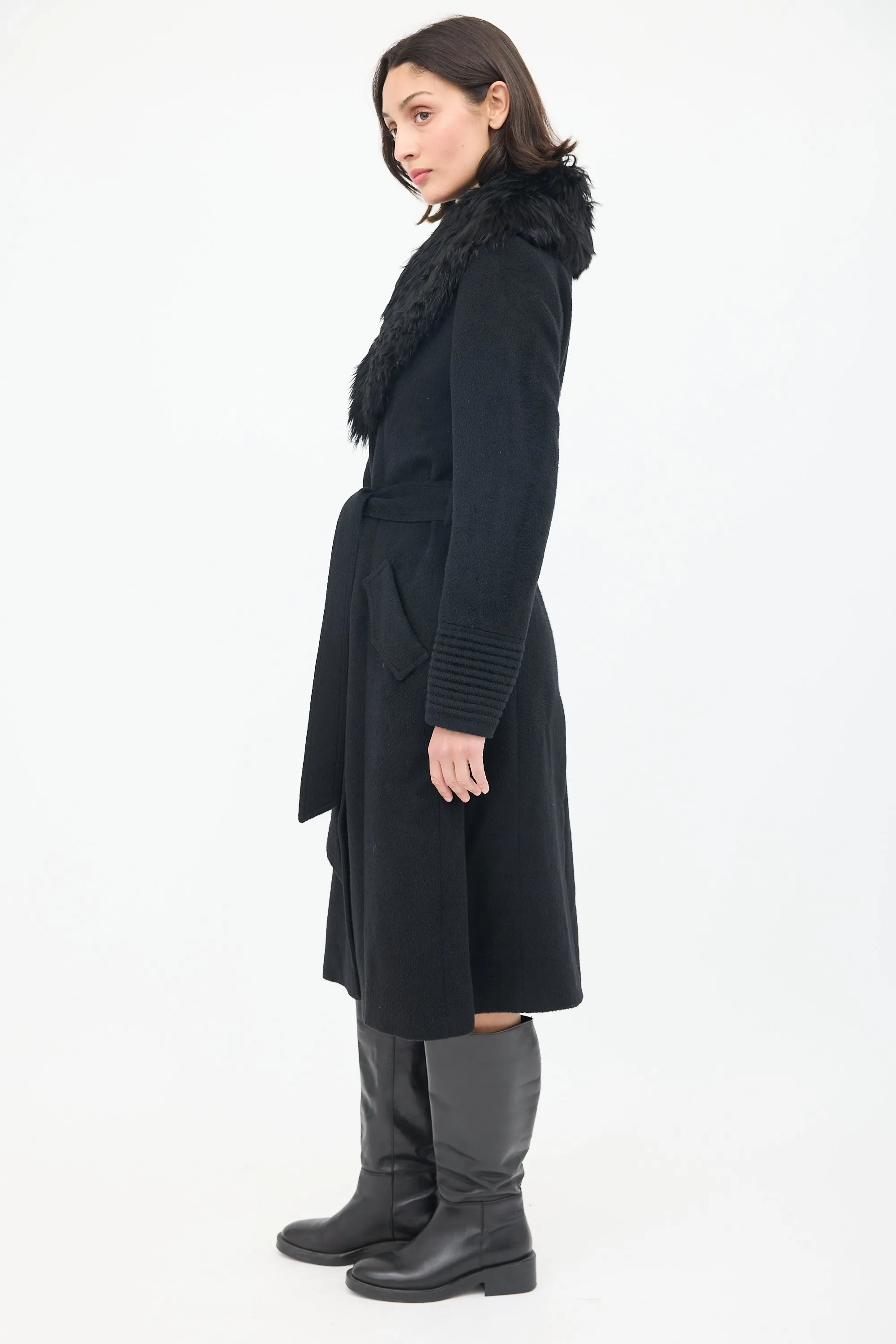 Black Wool Fur Collar Belted Coat