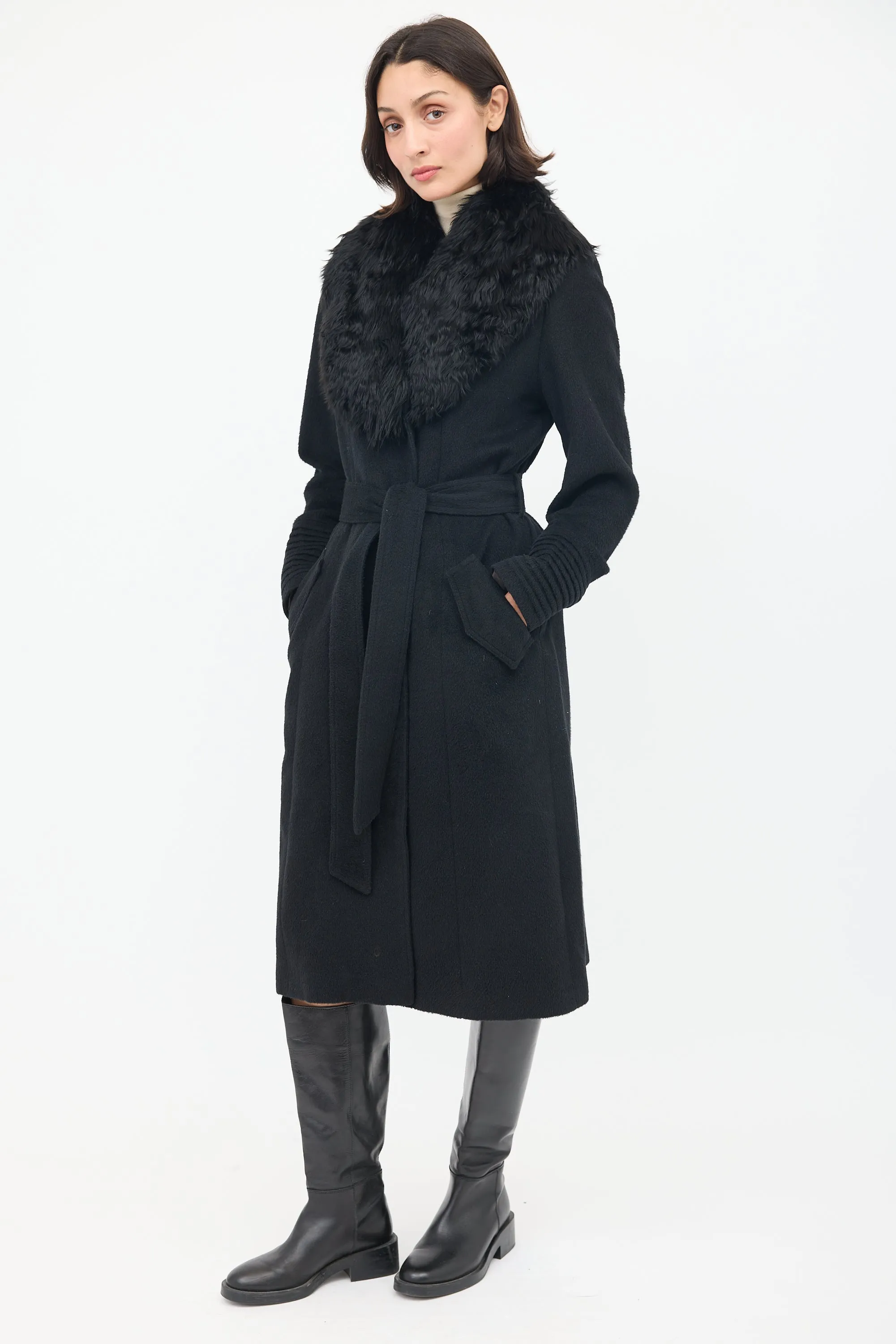 Black Wool Fur Collar Belted Coat