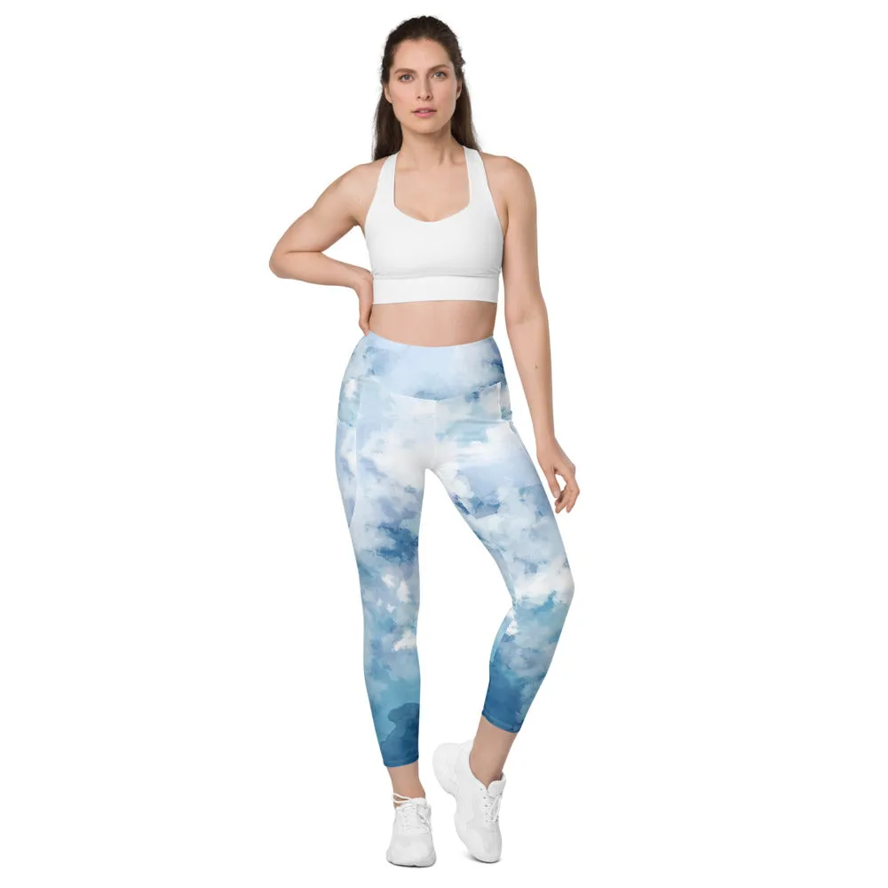 Blue Abstract Women's Tights, Abstract Best Leggings With Pockets For Women - Made in USA/EU/MX