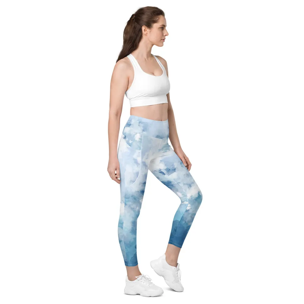 Blue Abstract Women's Tights, Abstract Best Leggings With Pockets For Women - Made in USA/EU/MX