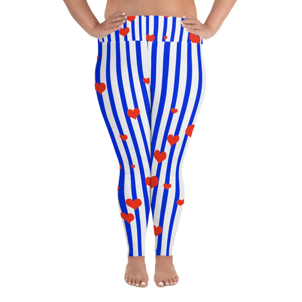 Blue Striped Plus Size Tights, Best Patriotic Blue Stripe Print Women's High Waist Elastic Long Yoga Pants- Made in USA (US Size: 2XL-6XL)