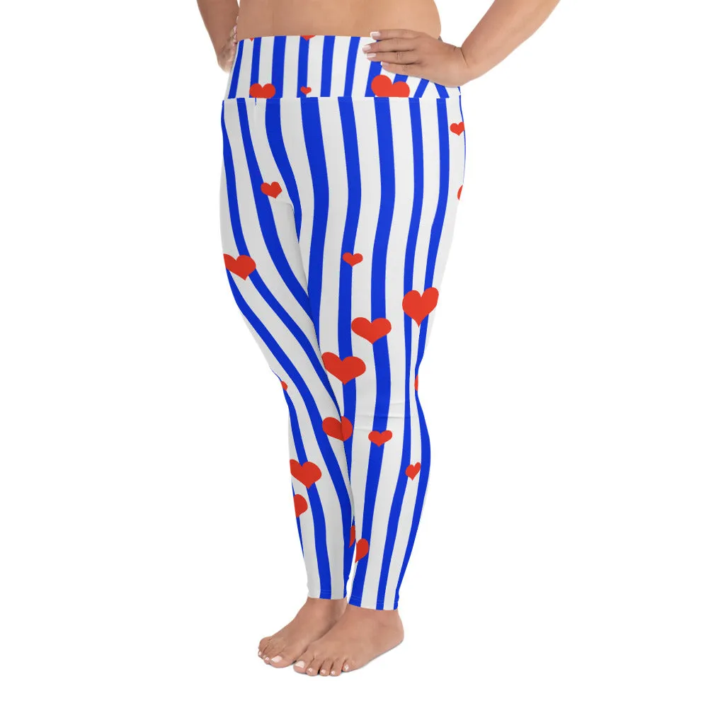 Blue Striped Plus Size Tights, Best Patriotic Blue Stripe Print Women's High Waist Elastic Long Yoga Pants- Made in USA (US Size: 2XL-6XL)