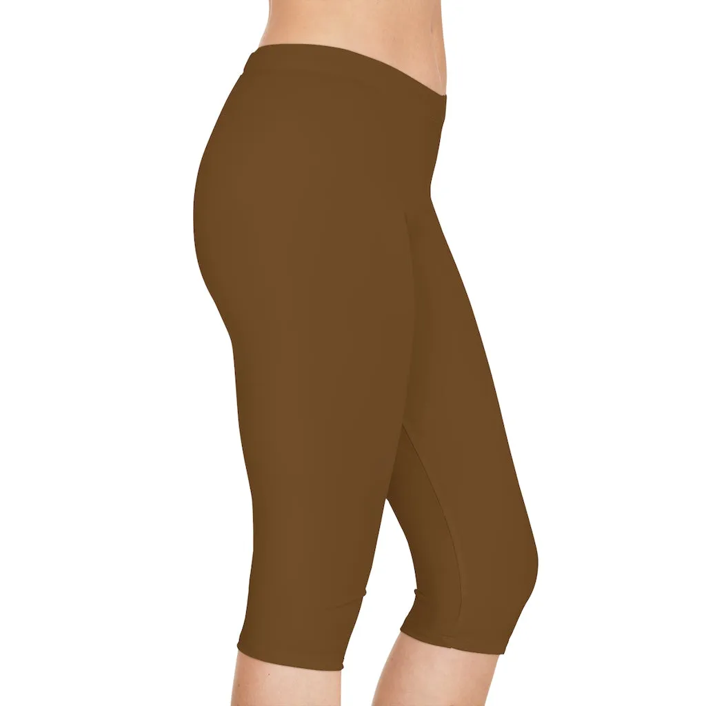 Brown Color Women's Capri Leggings, Knee-Length Polyester Capris Tights-Made in USA (US Size: XS-2XL)