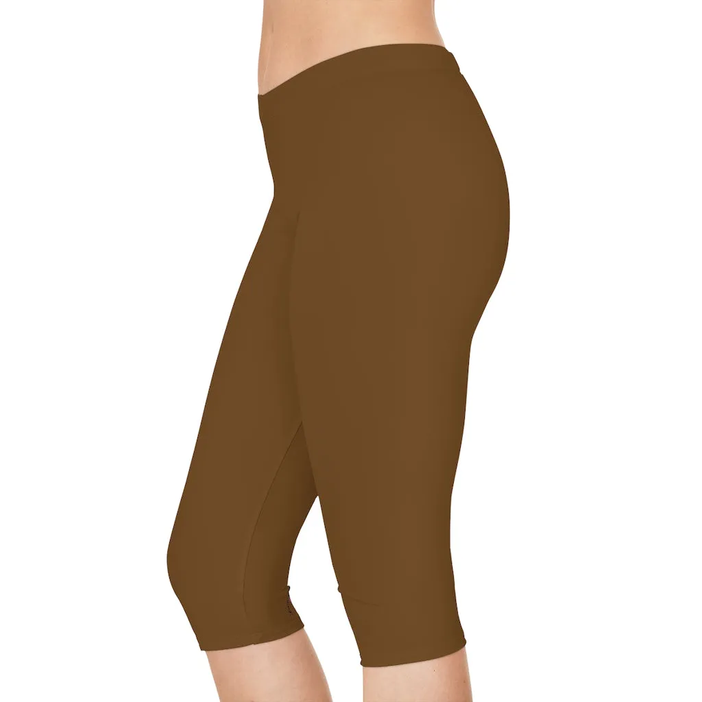 Brown Color Women's Capri Leggings, Knee-Length Polyester Capris Tights-Made in USA (US Size: XS-2XL)