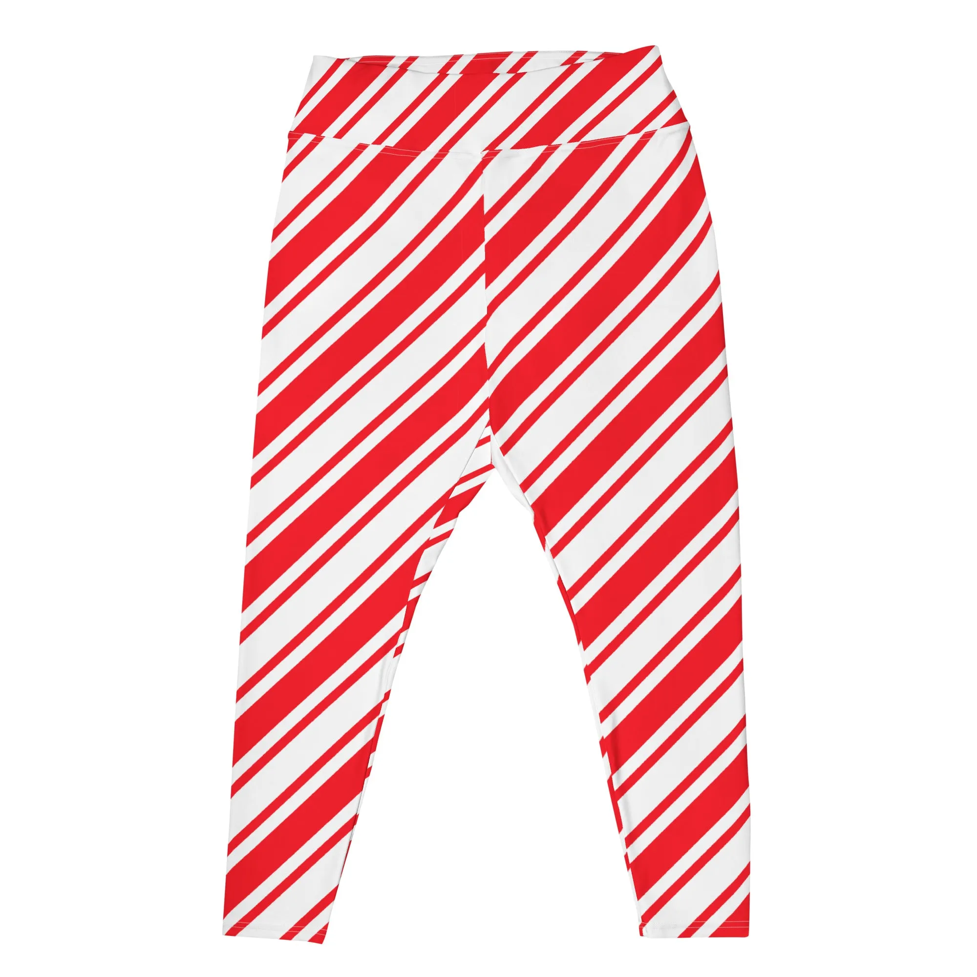 Candy Cane Plus Size Leggings, Women Red Christmas Striped Printed Elf Winter Designer Workout Gym Sports Fun Yoga Pants Tights