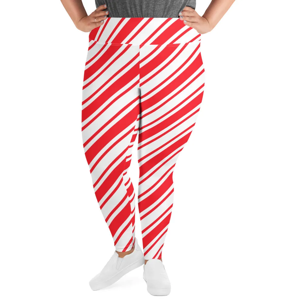 Candy Cane Plus Size Leggings, Women Red Christmas Striped Printed Elf Winter Designer Workout Gym Sports Fun Yoga Pants Tights