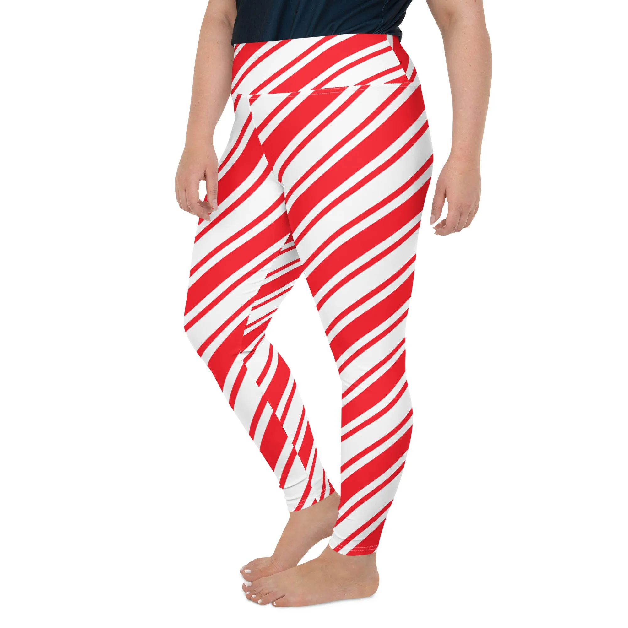 Candy Cane Plus Size Leggings, Women Red Christmas Striped Printed Elf Winter Designer Workout Gym Sports Fun Yoga Pants Tights