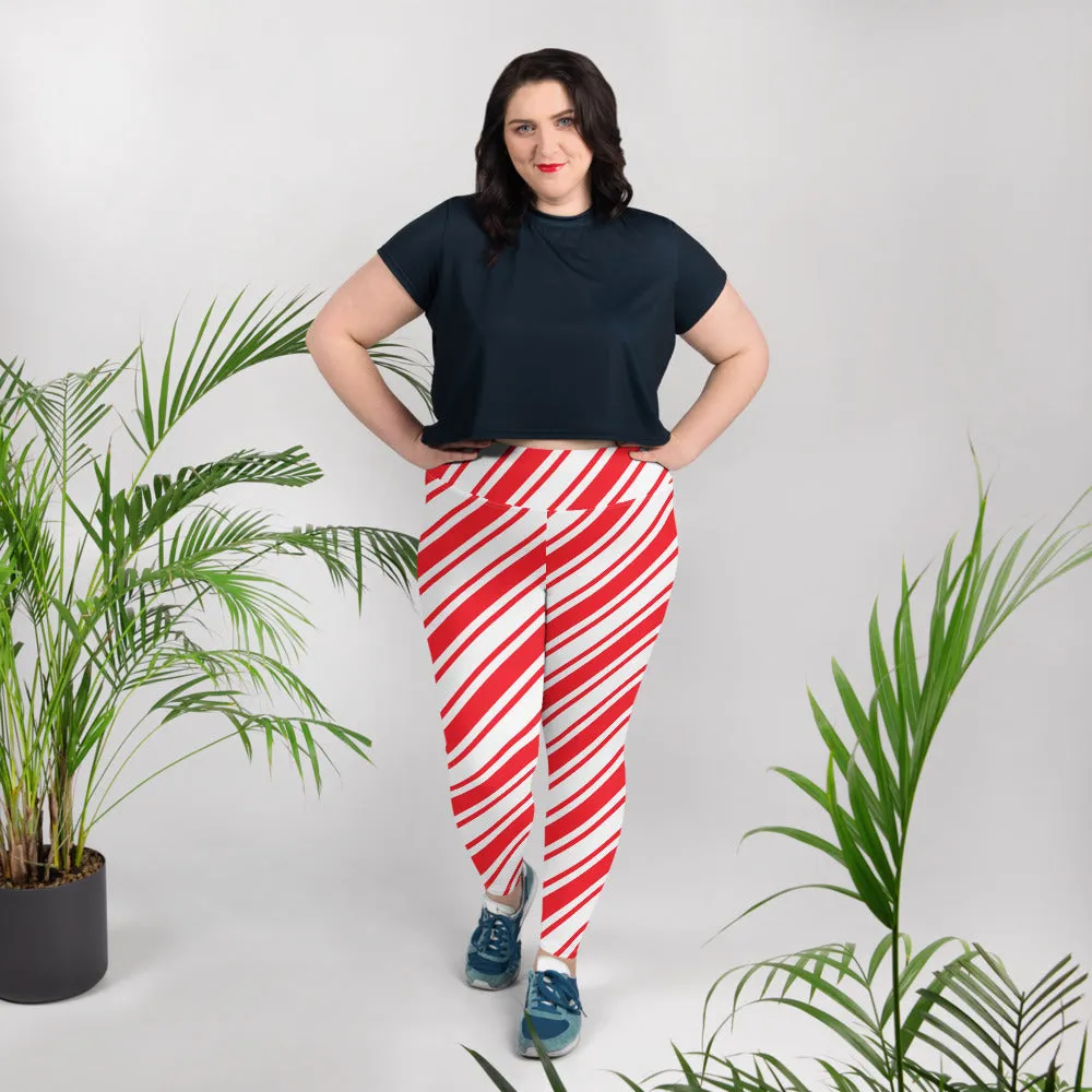 Candy Cane Plus Size Leggings, Women Red Christmas Striped Printed Elf Winter Designer Workout Gym Sports Fun Yoga Pants Tights