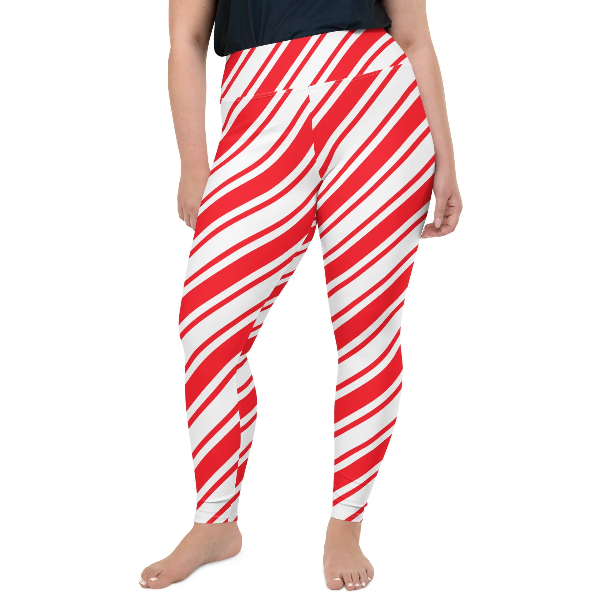 Candy Cane Plus Size Leggings, Women Red Christmas Striped Printed Elf Winter Designer Workout Gym Sports Fun Yoga Pants Tights