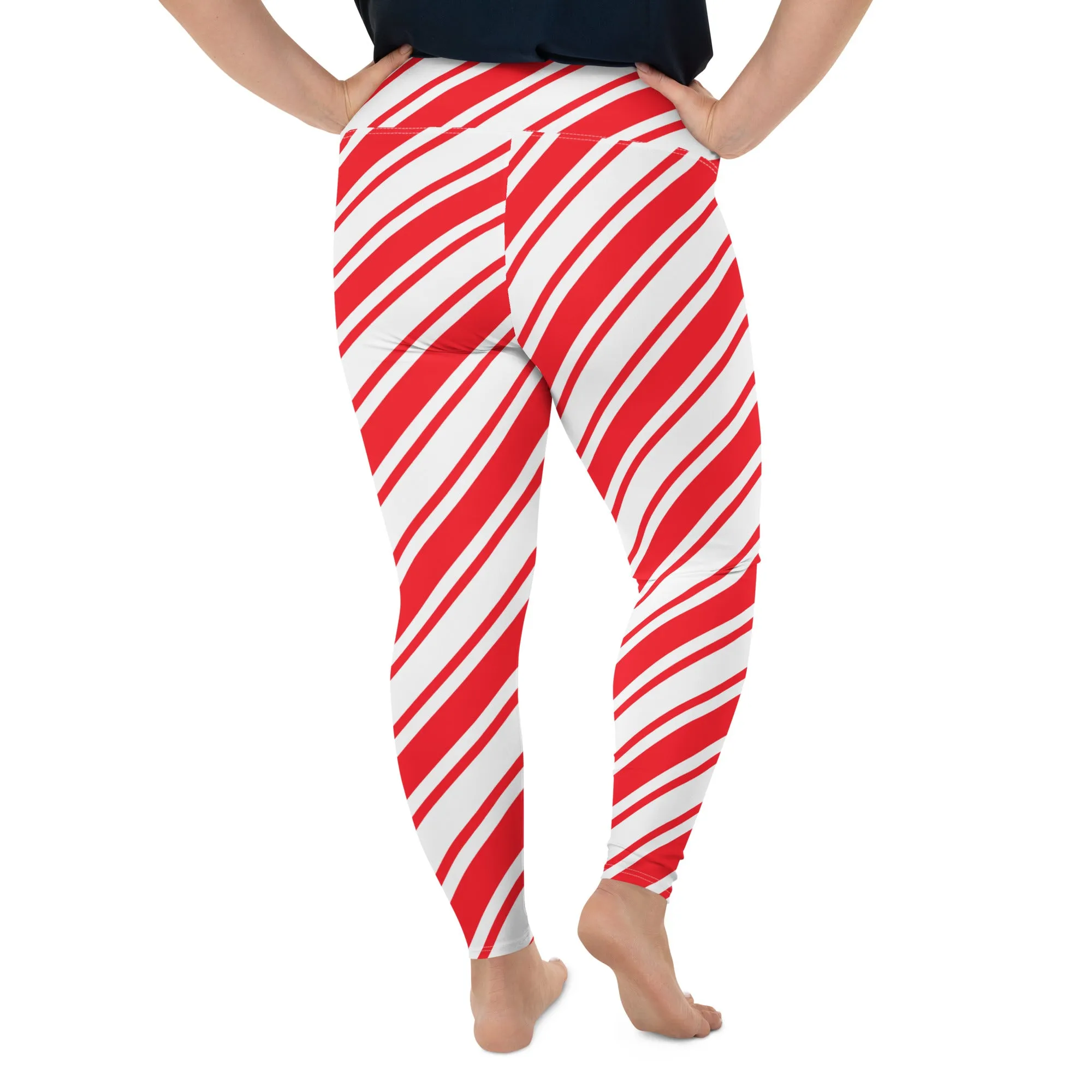 Candy Cane Plus Size Leggings, Women Red Christmas Striped Printed Elf Winter Designer Workout Gym Sports Fun Yoga Pants Tights