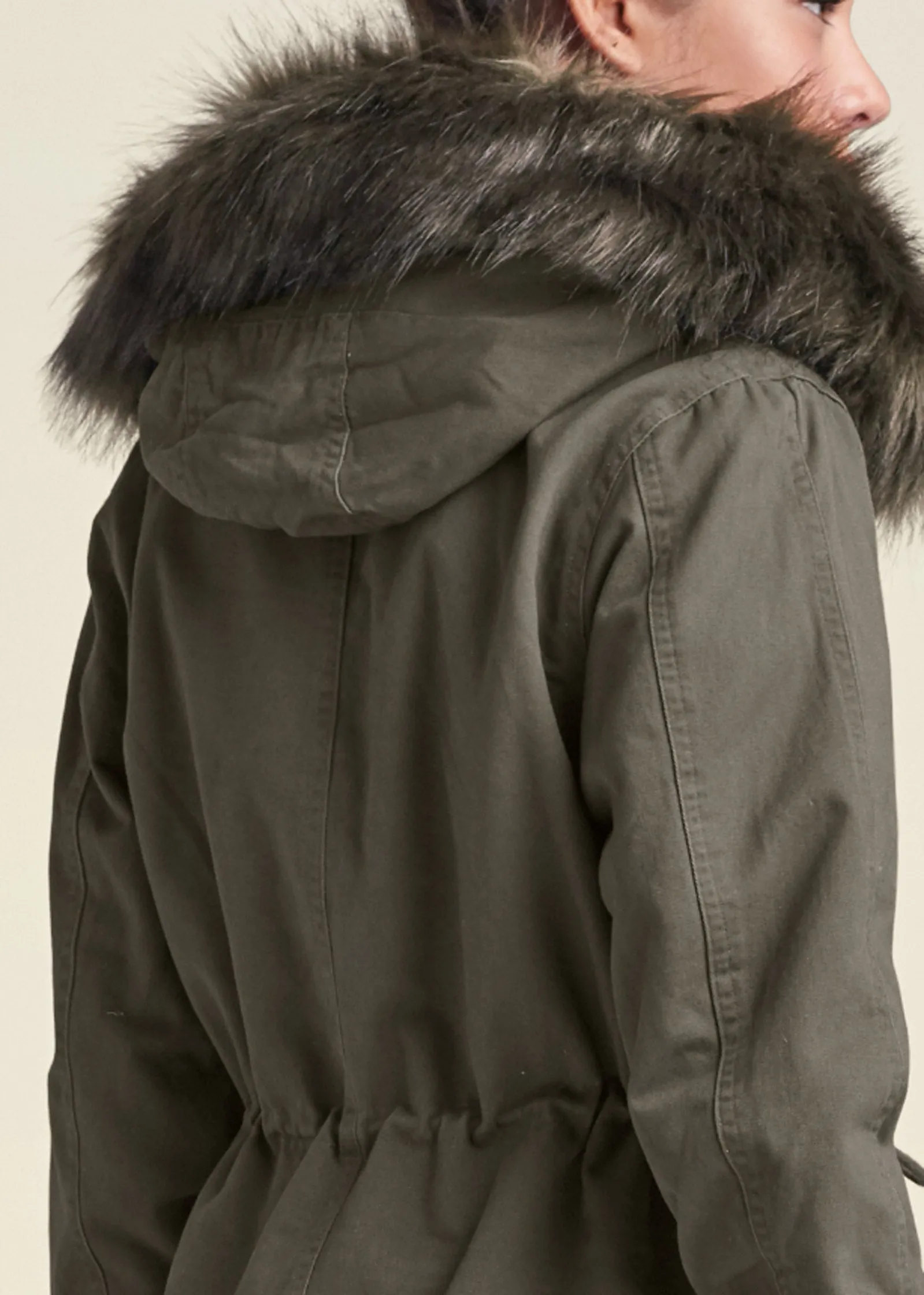 Cargo Jacket With Faux Fur Hood - Olive