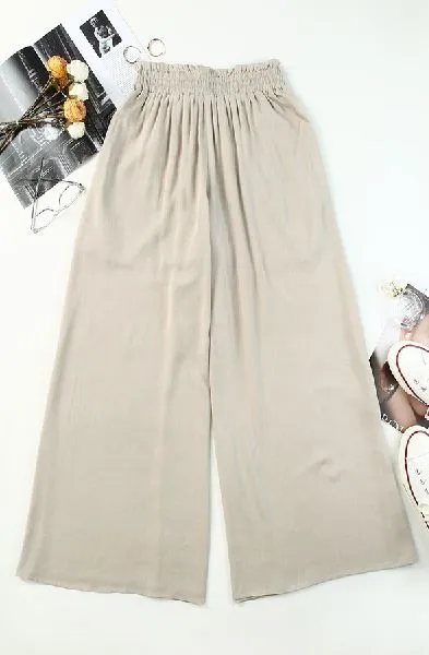 Drawstring Smocked High Waist Wide Leg Pants