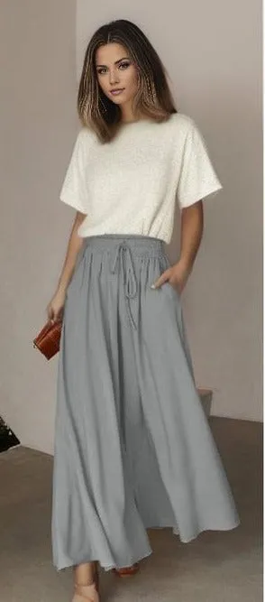 Drawstring Smocked High Waist Wide Leg Pants