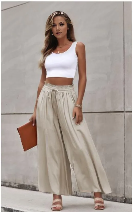 Drawstring Smocked High Waist Wide Leg Pants