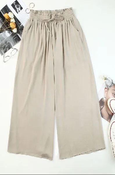 Drawstring Smocked High Waist Wide Leg Pants