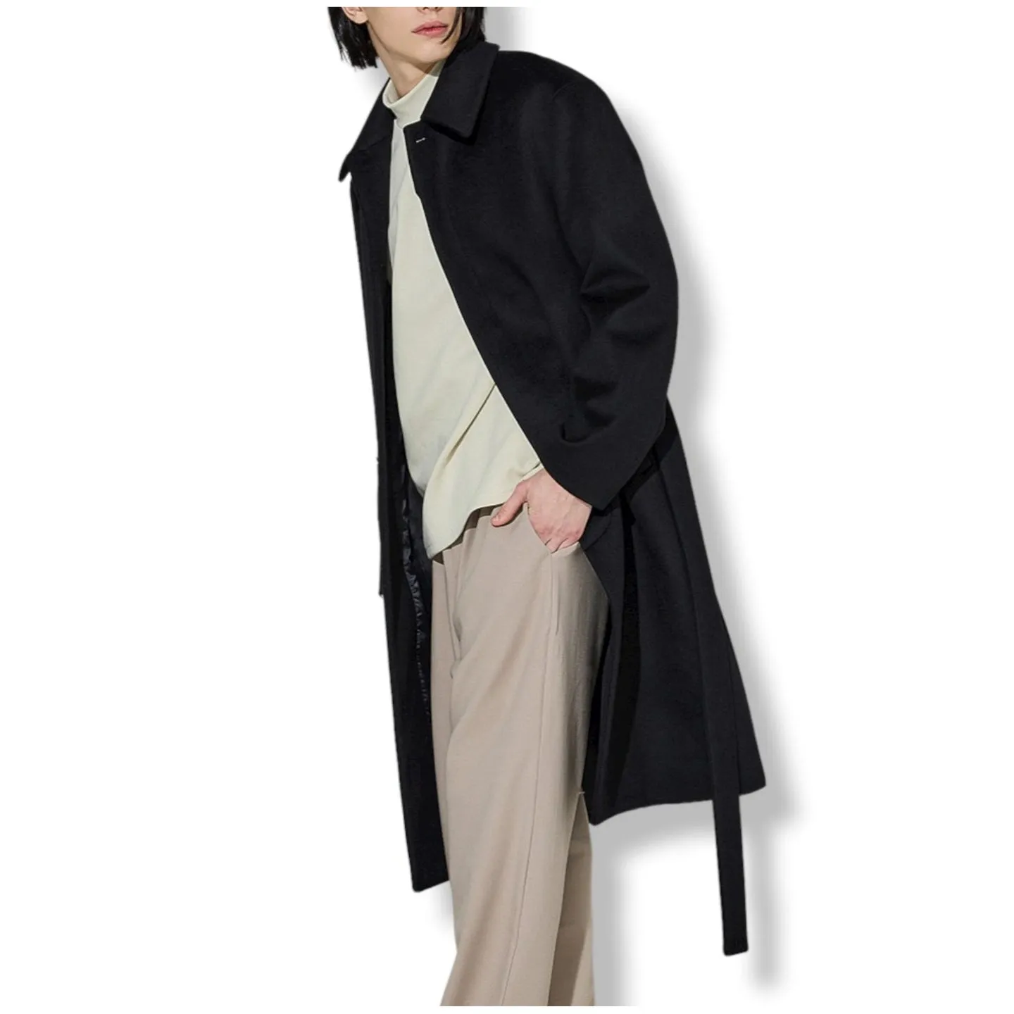 EDUARDO Men Single-Breasted Belted Cashmere Mac Balmacaan Long Coat.