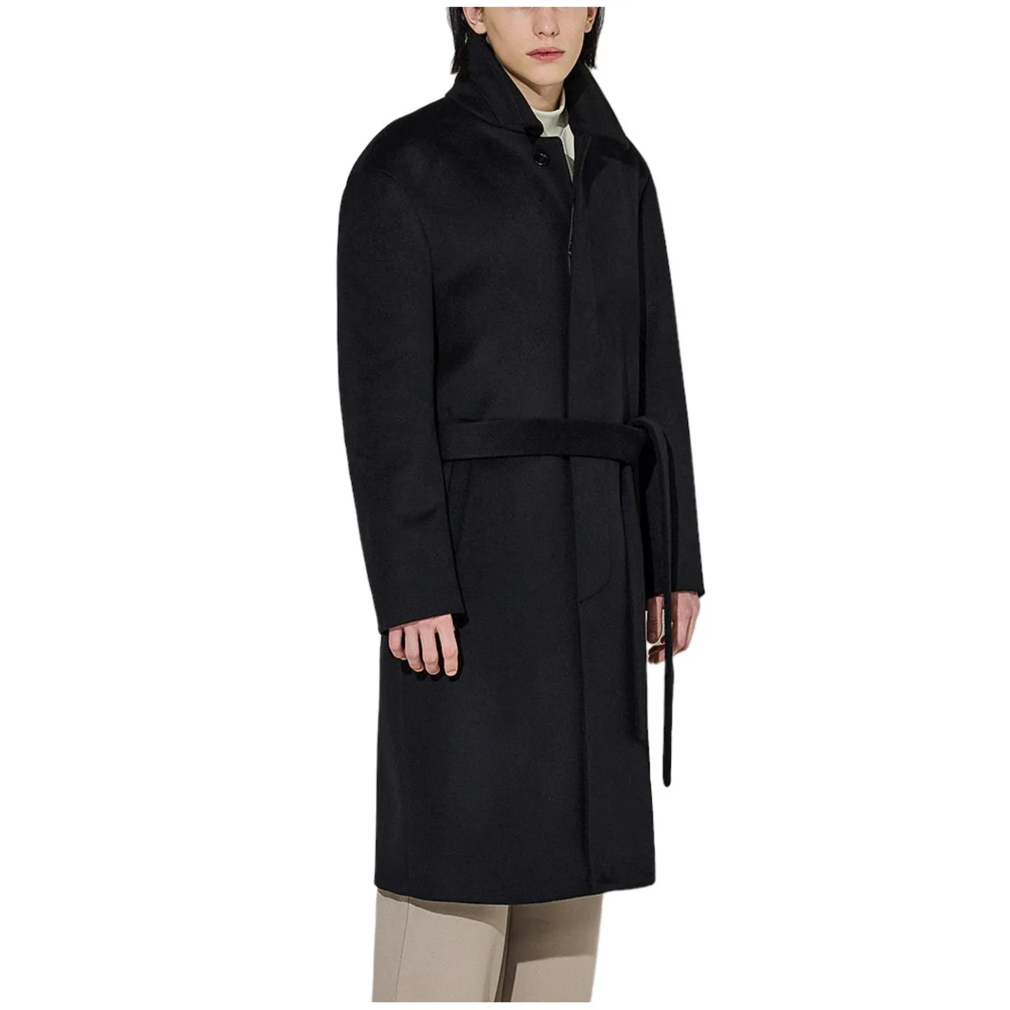 EDUARDO Men Single-Breasted Belted Cashmere Mac Balmacaan Long Coat.