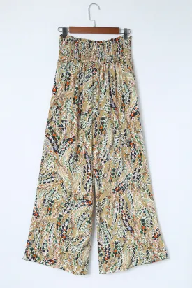 Floral Shirred High Waist Wide Leg Casual Pants