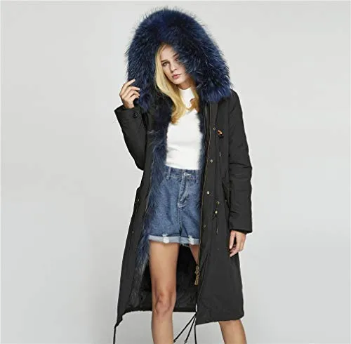 Fur Story Women's Real Fur Parka Jacket with Raccoon Fur Thick Hooded Long Fur Coat for Winter Dark Blue US6 18104