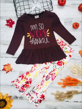 Girls "I'm So Very Thankful" Peplum Tunic And Tiered Ruffled Floral Legging Set