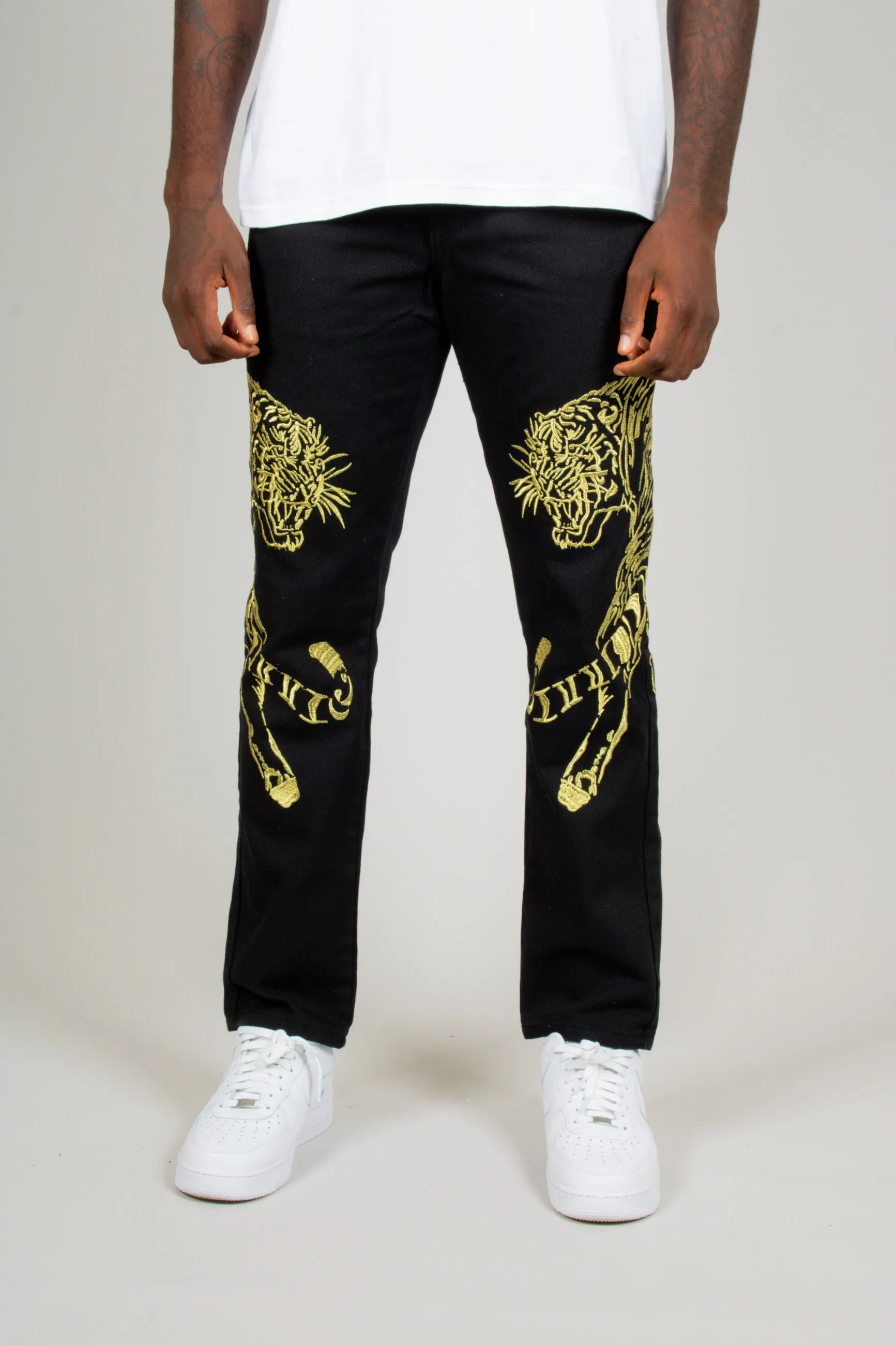 Golden Tiger Embroidered Straight Leg Jeans