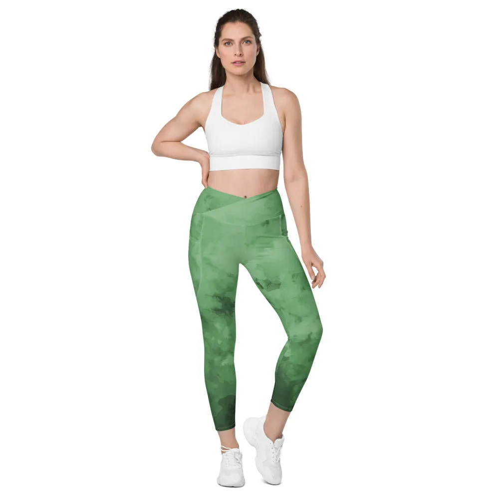 Green Abstract Yoga Tights, Best Women's Crossover Leggings With Pockets For Ladies - Made in USA/EU/MX