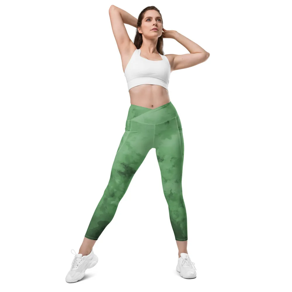 Green Abstract Yoga Tights, Best Women's Crossover Leggings With Pockets For Ladies - Made in USA/EU/MX