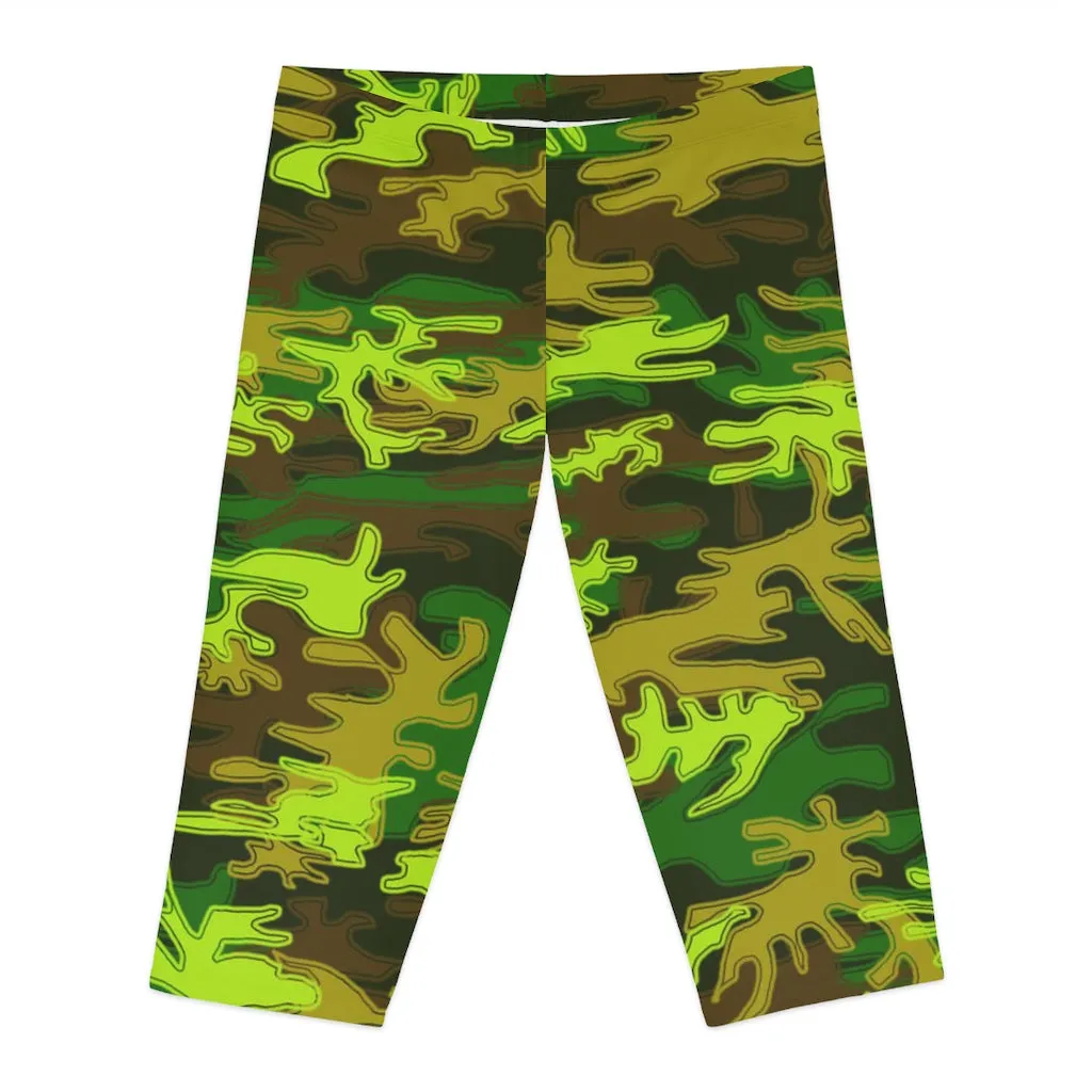 Green Camo Women's Capri Leggings, Knee-Length Polyester Capris Tights-Made in USA (US Size: XS-2XL)