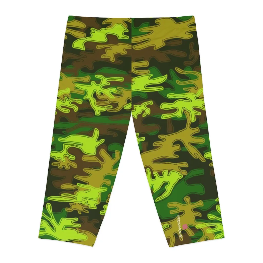 Green Camo Women's Capri Leggings, Knee-Length Polyester Capris Tights-Made in USA (US Size: XS-2XL)