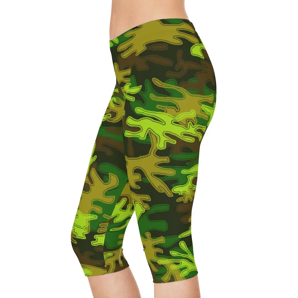 Green Camo Women's Capri Leggings, Knee-Length Polyester Capris Tights-Made in USA (US Size: XS-2XL)