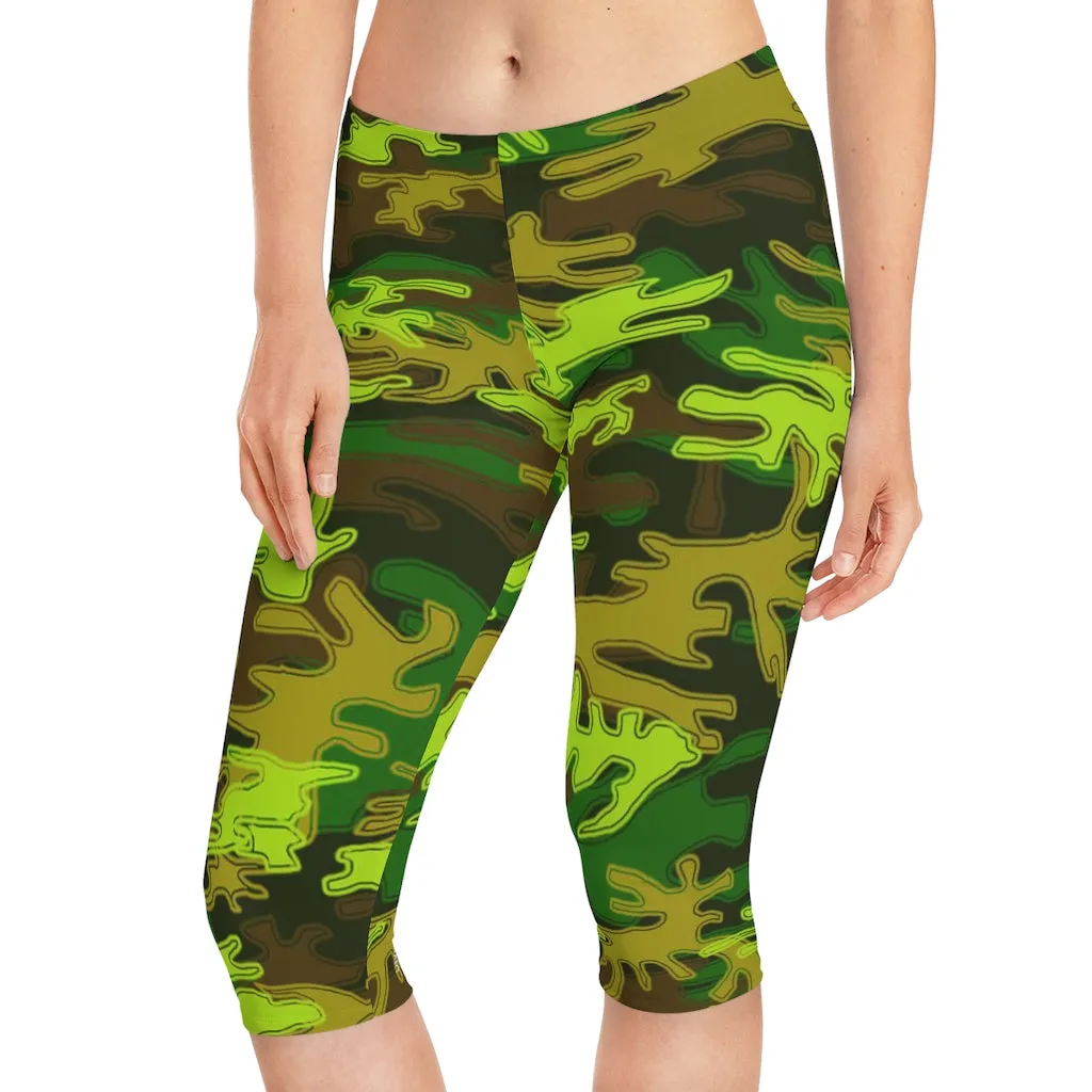 Green Camo Women's Capri Leggings, Knee-Length Polyester Capris Tights-Made in USA (US Size: XS-2XL)