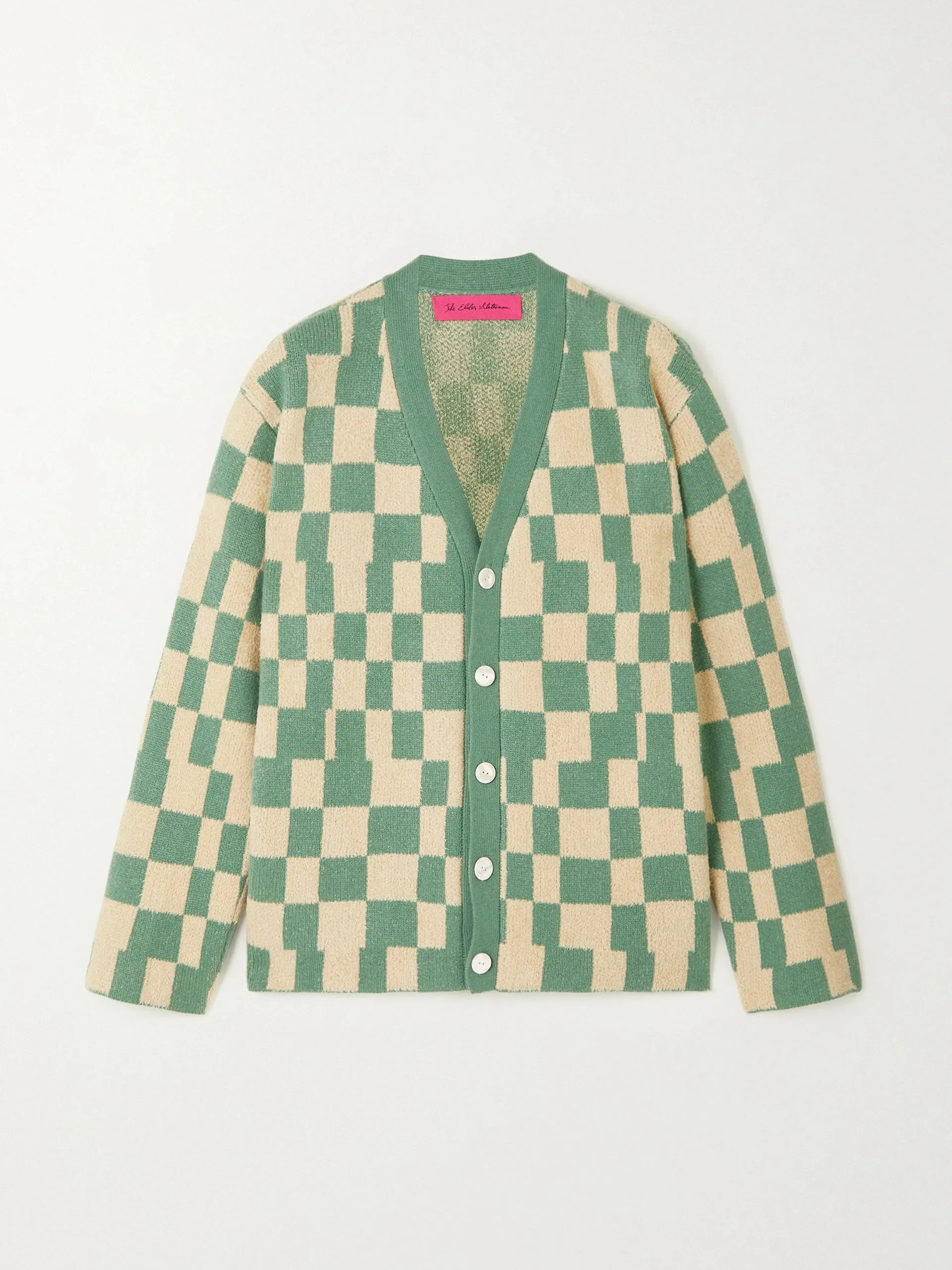 Green checked cashmere-blend jacquard cardigan