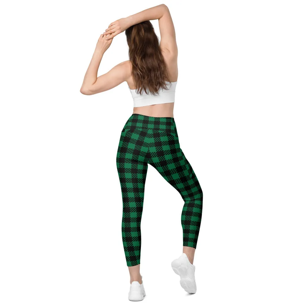 Green Plaid Printed Women's Tights, Plaid Print Best Designer Printed Crossover Leggings With 2 Side Pockets