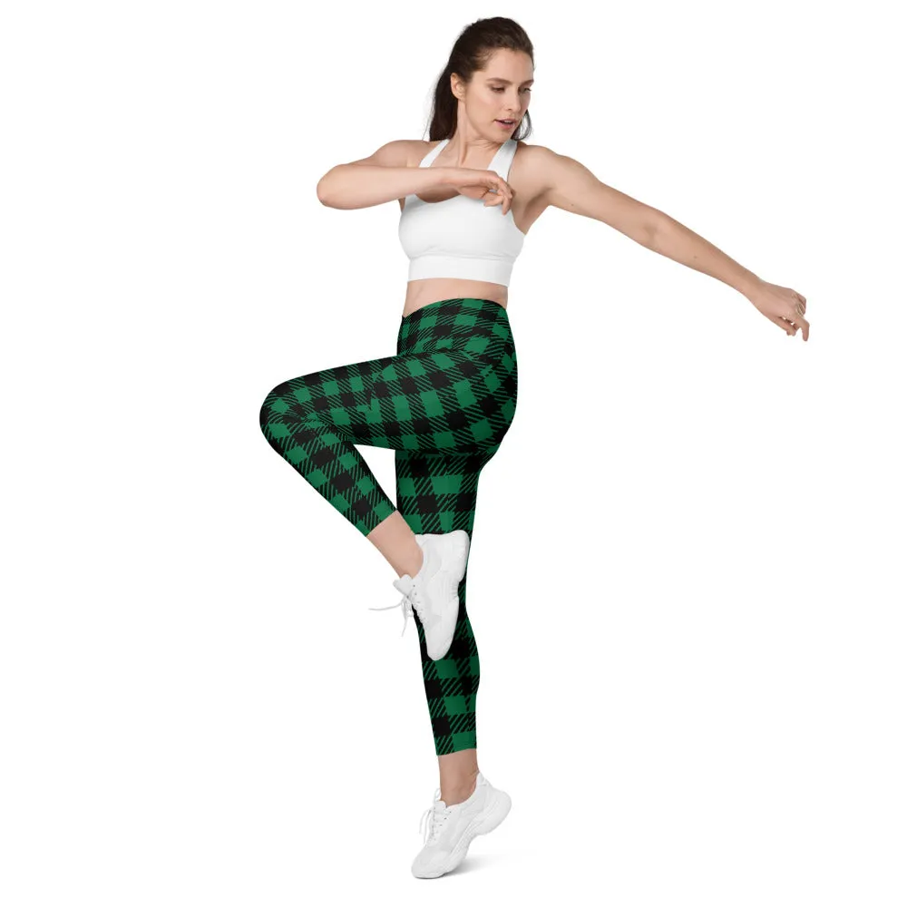 Green Plaid Printed Women's Tights, Plaid Print Best Designer Printed Crossover Leggings With 2 Side Pockets