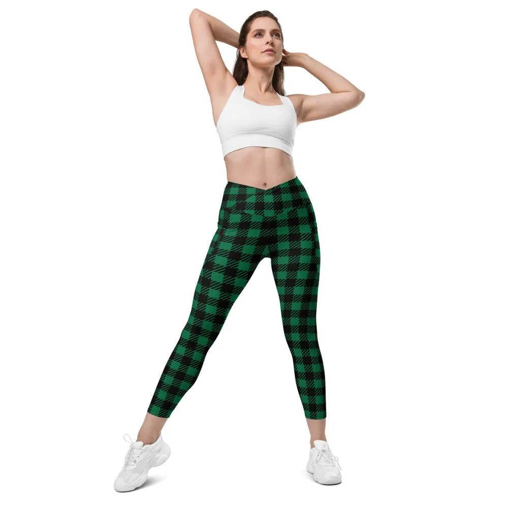 Green Plaid Printed Women's Tights, Plaid Print Best Designer Printed Crossover Leggings With 2 Side Pockets