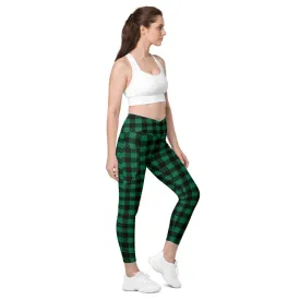 Green Plaid Printed Women's Tights, Plaid Print Best Designer Printed Crossover Leggings With 2 Side Pockets