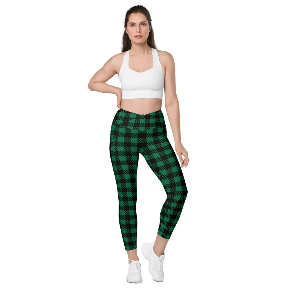 Green Plaid Printed Women's Tights, Plaid Print Best Designer Printed Crossover Leggings With 2 Side Pockets