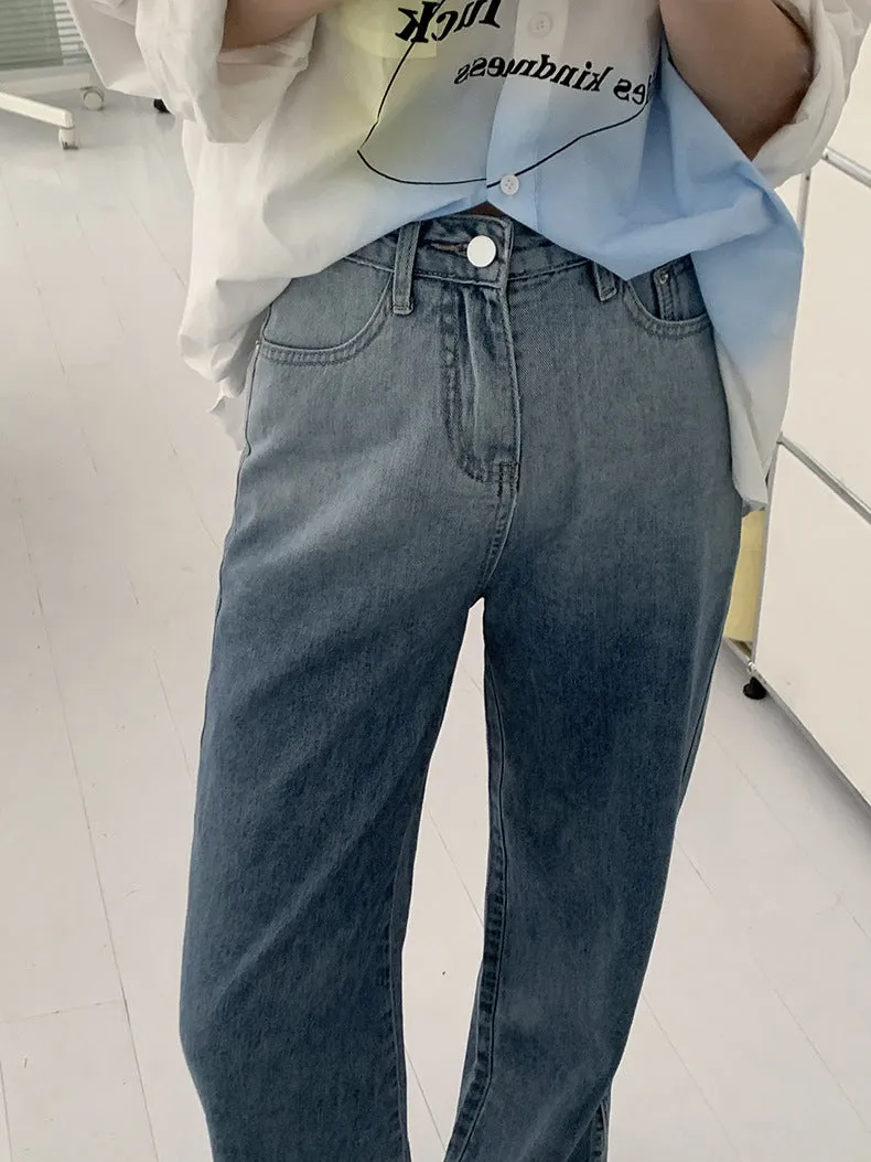 [Korean Style] High Rise Gradient Wide Leg Denim Slit Jeans