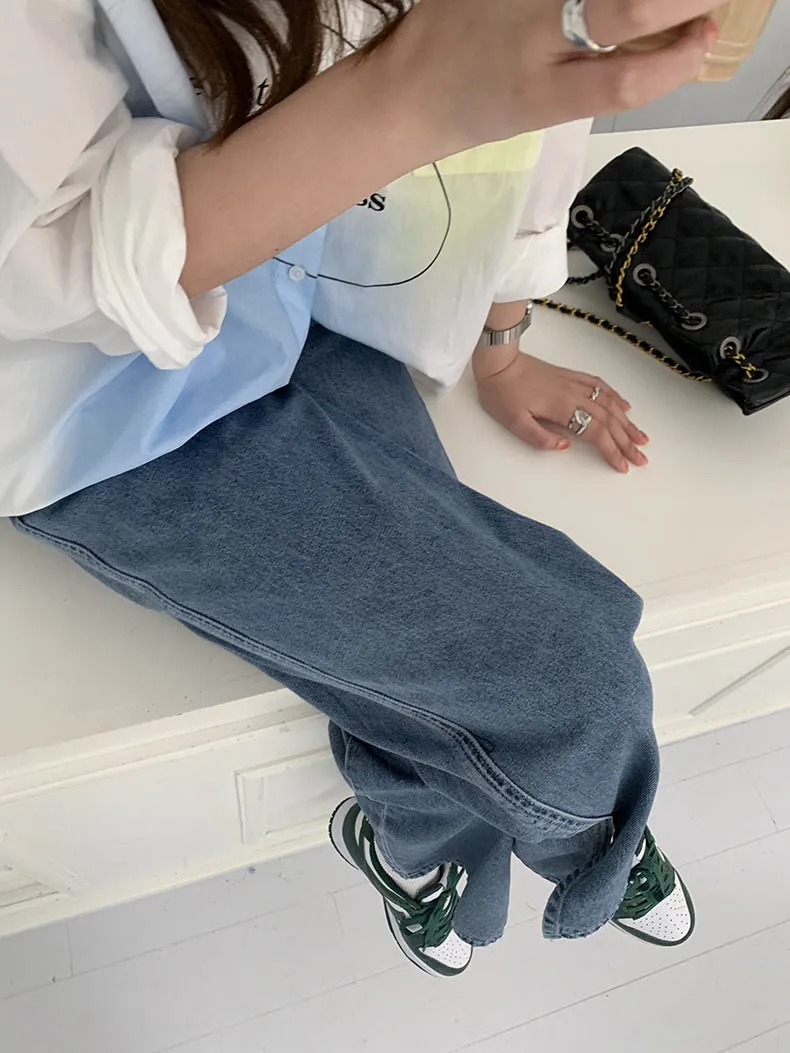 [Korean Style] High Rise Gradient Wide Leg Denim Slit Jeans