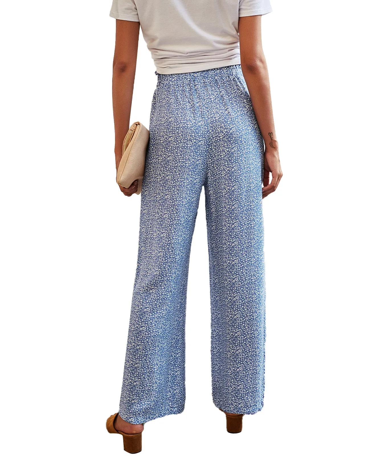 Light Blue Printed Lace Up High Rise Wide Leg Pants