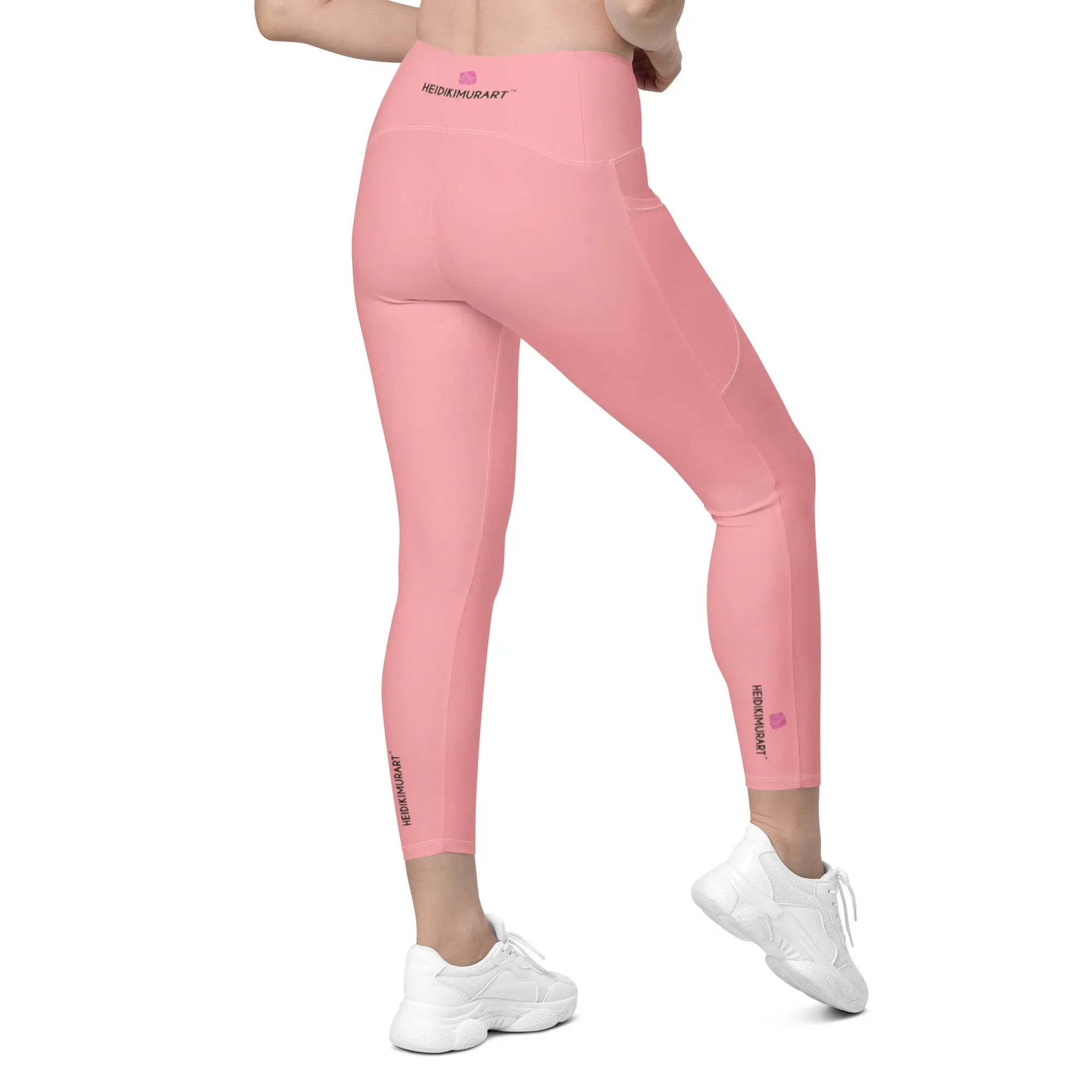 Light Pink Women's Tights, Best Solid Color Leggings For Women With 2 Side Pockets - Made in USA/EU/MX