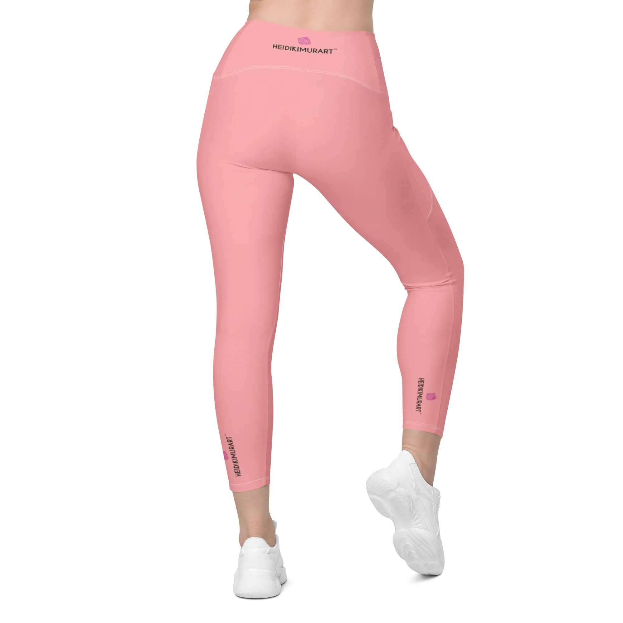 Light Pink Women's Tights, Best Solid Color Leggings For Women With 2 Side Pockets - Made in USA/EU/MX