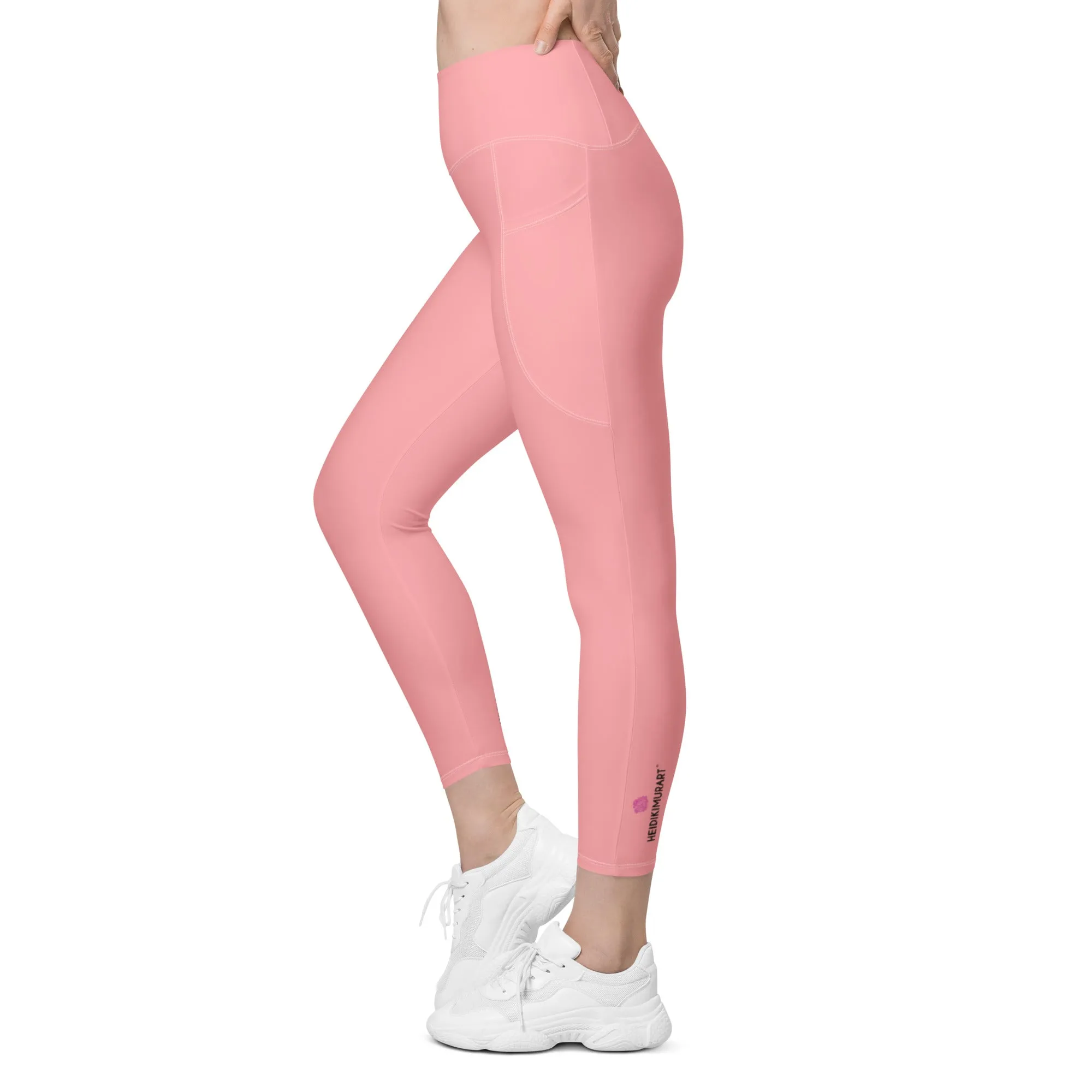 Light Pink Women's Tights, Best Solid Color Leggings For Women With 2 Side Pockets - Made in USA/EU/MX